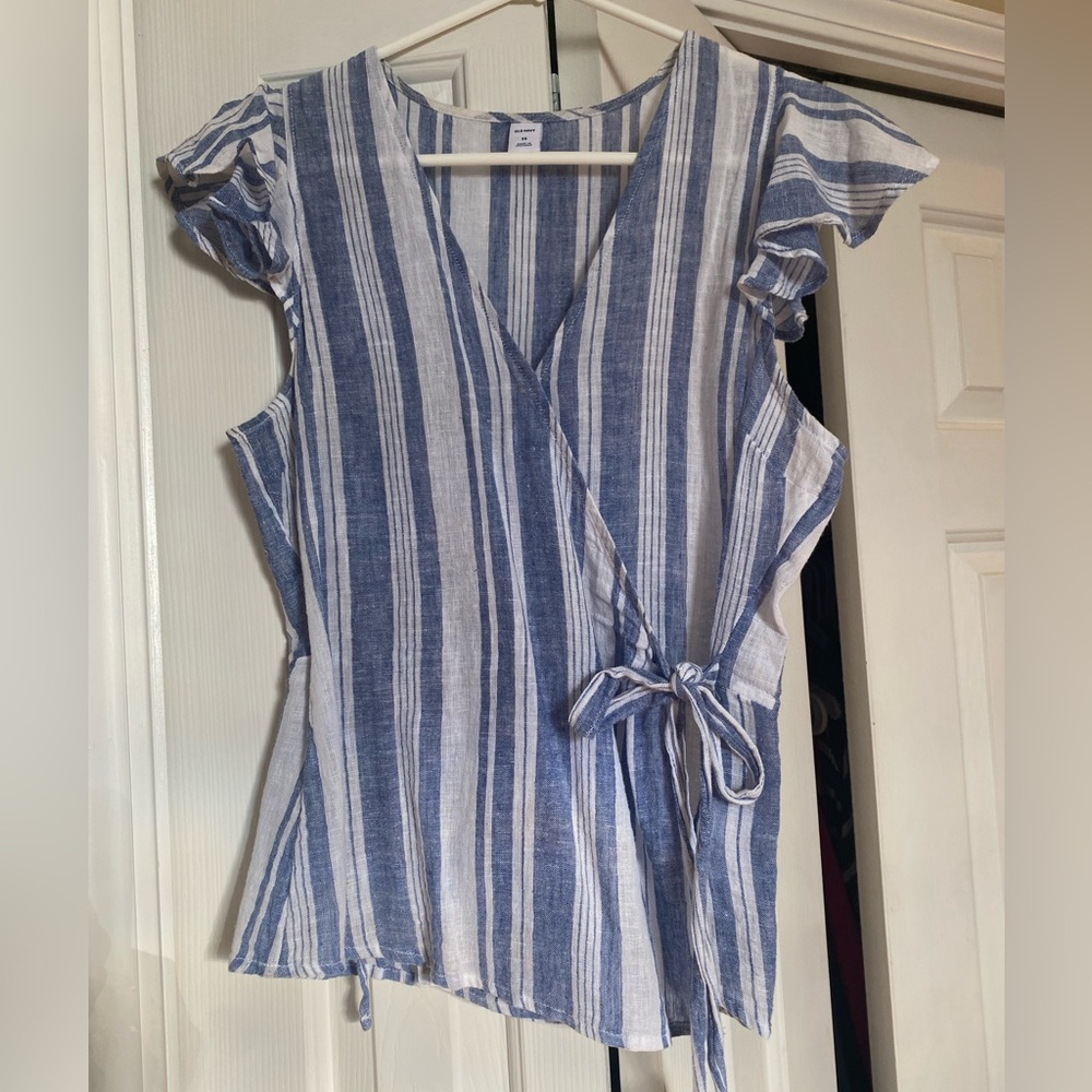 Blue and White Striped Wrap Top
